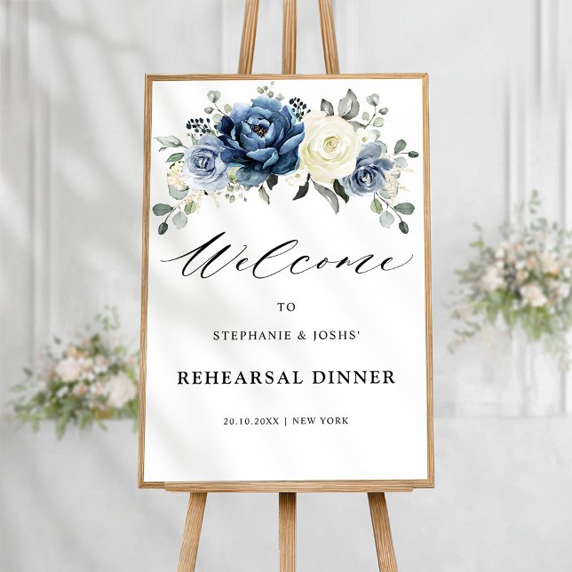 Affiche Bienvenue au dîner de répétition Dusty Blue Champa (Dusty Blue Champagne ivory floral  Rehearsal Dinner Welcome  Poster)