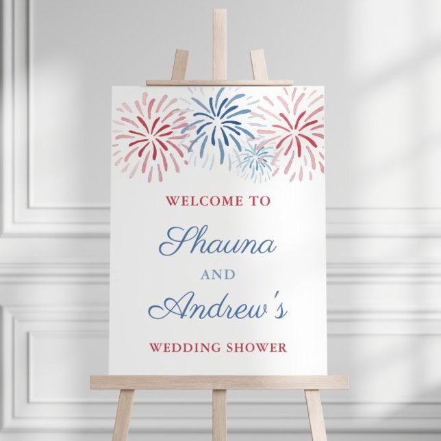 Affiche Bienvenue au feu d'artifice du 4 juillet pour les  (Red White and Blue firework bursts Independence Day Holiday Weekend Wedding Shower Welcome Sign)