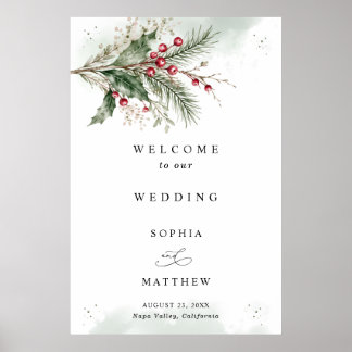 Affiche Bienvenue au mariage à l'aquarelle de houx d'hiver