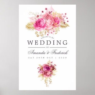 Affiche Bienvenue au mariage aquarelle Roses roses et or
