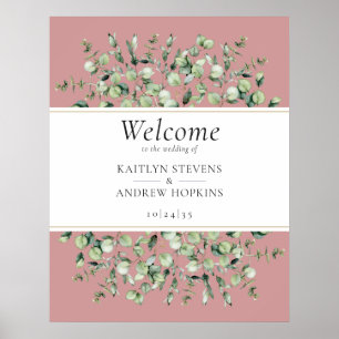 Affiche Bienvenue au mariage au eucalyptus rose saumon 