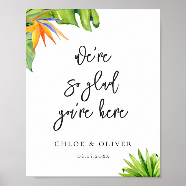 Affiche Bienvenue au mariage au feuillage tropical (Devant)