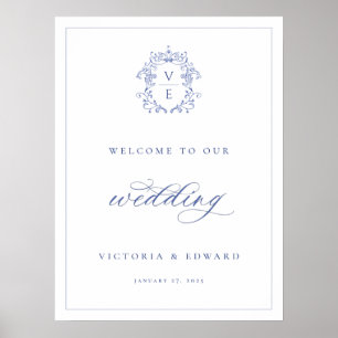 Affiche Bienvenue au mariage au monogramme de crête bleu R