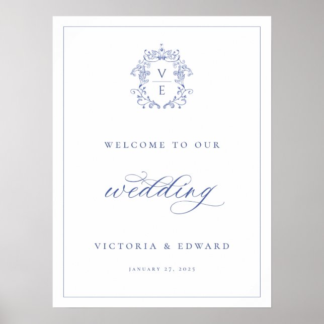 Affiche Bienvenue au mariage au monogramme de crête bleu R (Devant)