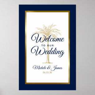 Affiche Bienvenue au mariage au palmier doré sur fond bleu