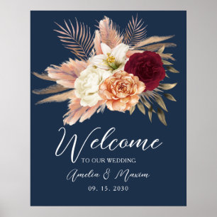 Affiche Bienvenue au mariage aux fleurs bleues marine