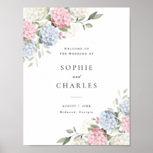 Affiche Bienvenue au mariage avec des hortensias bleus et 