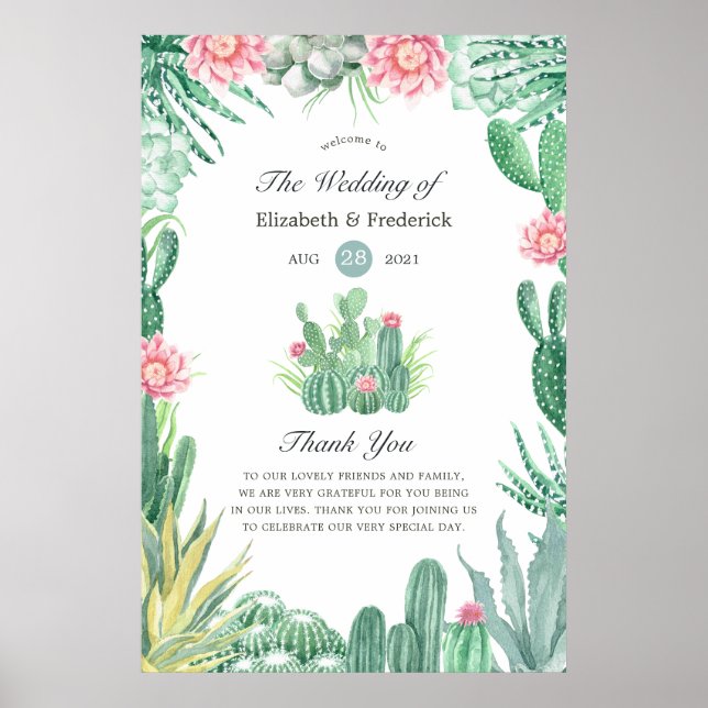 Affiche Bienvenue au mariage avec des succulentes aquarell (Devant)