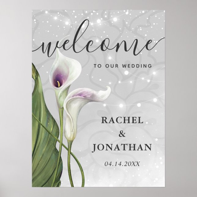Affiche Bienvenue au mariage avec lys calla blanc et viole (Devant)