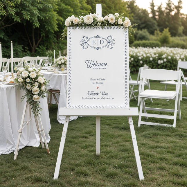 Affiche Bienvenue au mariage avec monogramme de crête de N (Navy Blue Heirloom Crest Monogram Wedding Welcome Sign | Elegant Formal Wedding Sign)