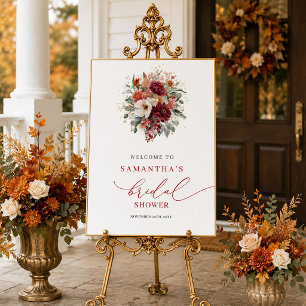 Affiche Bienvenue au mariage bohème bordeaux floral automn