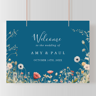 Affiche Bienvenue au mariage bohème fleuri Navy Blissful