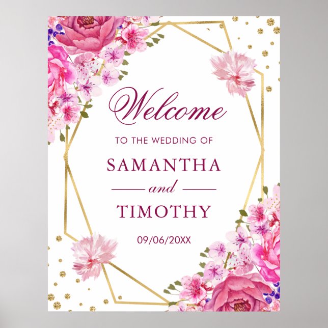 Affiche Bienvenue au mariage Boho aquarelle roses roses (Devant)