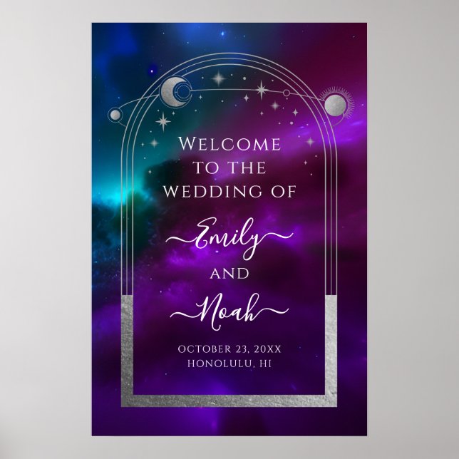 Affiche Bienvenue au mariage céleste violet sarcelle argen (Devant)