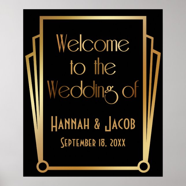 Affiche Bienvenue au Mariage de Black Gold Art Deco Sign (Devant)