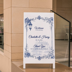 Affiche Bienvenue au mariage de jardin bleu blanc de style