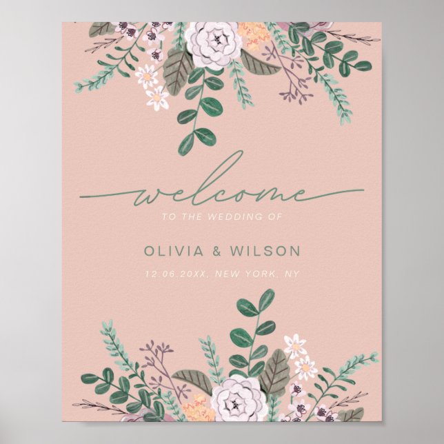 Affiche Bienvenue au mariage de l'eucalyptus rose floral (Devant)
