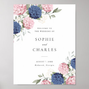 Affiche Bienvenue au mariage de l'hortensia rose bleu mari