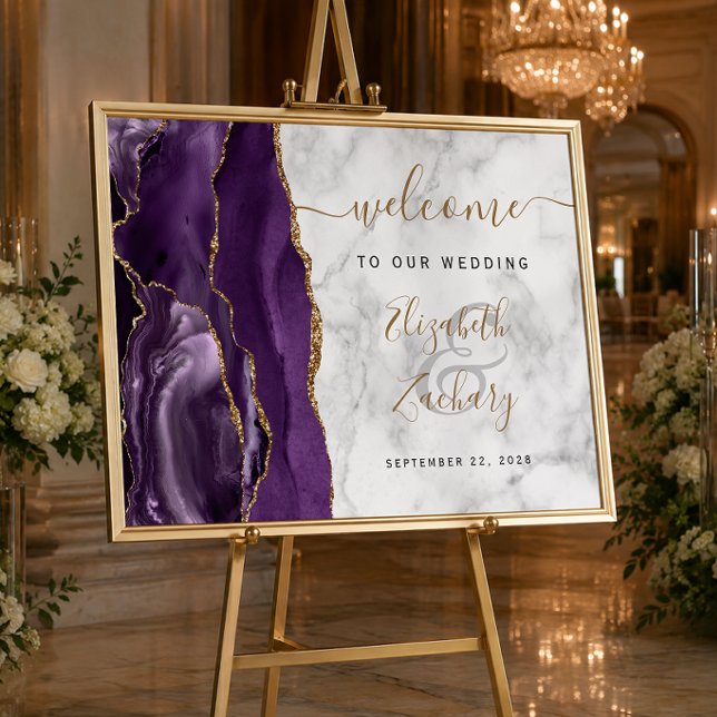 Affiche Bienvenue au mariage de marbre violet or agate (Créateur téléchargé)