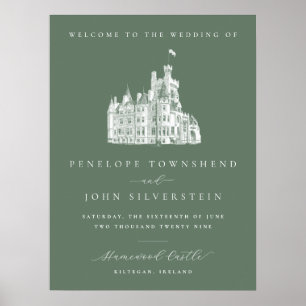 Affiche Bienvenue au mariage du château vert sauge vintage