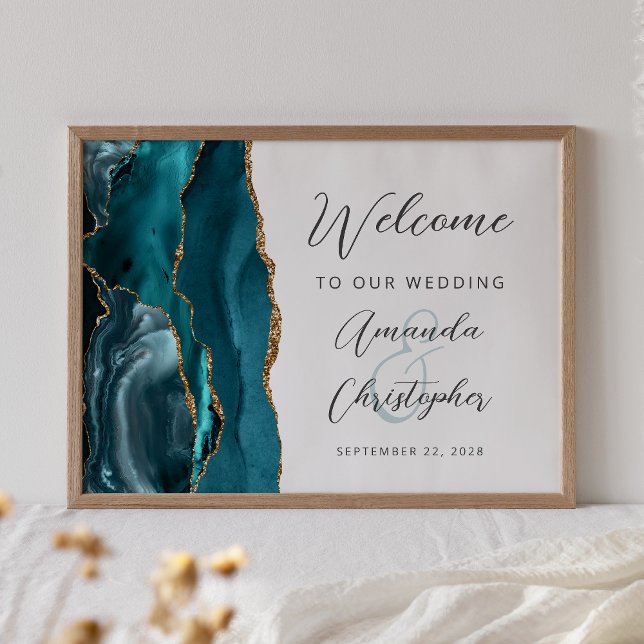 Affiche Bienvenue au mariage écriture sarcelle agate or (Créateur téléchargé)