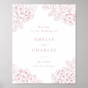 Affiche Bienvenue au mariage élégant aux fleurs d'hortensi