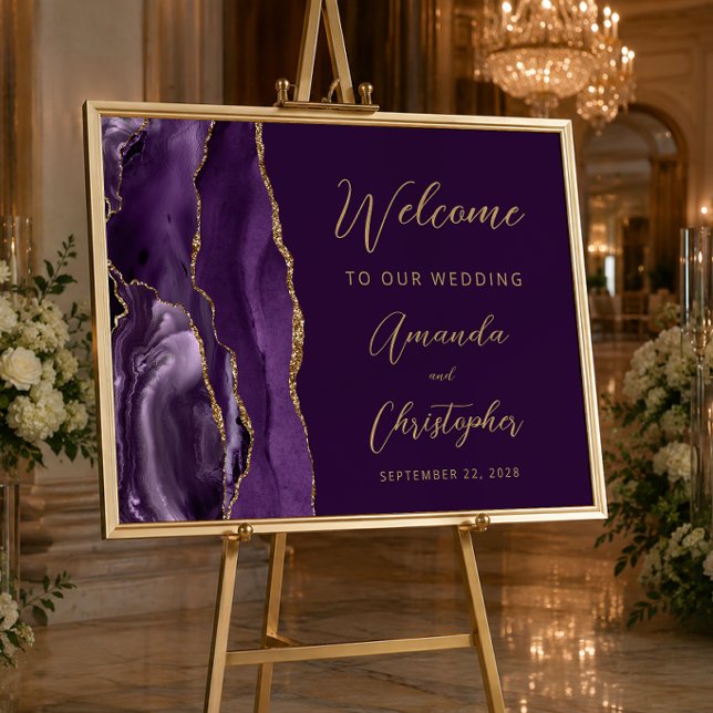 Affiche Bienvenue au mariage en écriture dorée sur agate v (Créateur téléchargé)