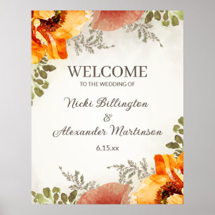 Affiche Bienvenue au mariage Fleurs Orange Brûlé Noms Date