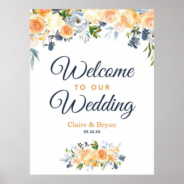 Affiche Bienvenue au mariage floral aquarelle bleu marine  (Devant)