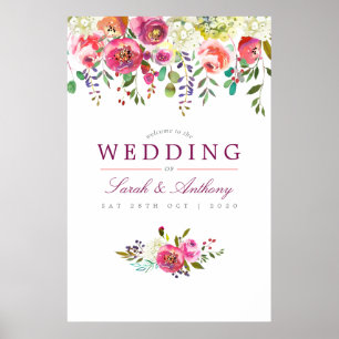 Affiche Bienvenue au mariage floral aquarelle prune et pêc