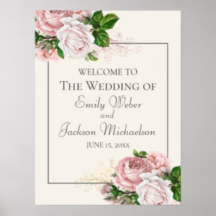 Affiche Bienvenue au mariage floral aquarelle rose et crèm
