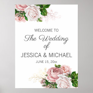Affiche Bienvenue au mariage floral aquarelle rose tendre
