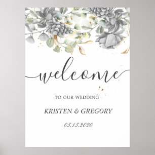 Affiche Bienvenue au mariage floral argent or dramatique
