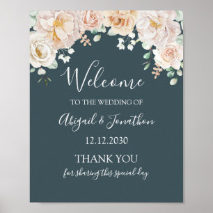 Affiche Bienvenue au mariage floral bleu marine vintage