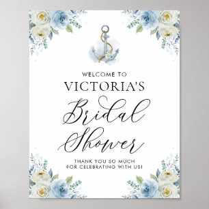 Affiche Bienvenue au mariage floral bleu nautique