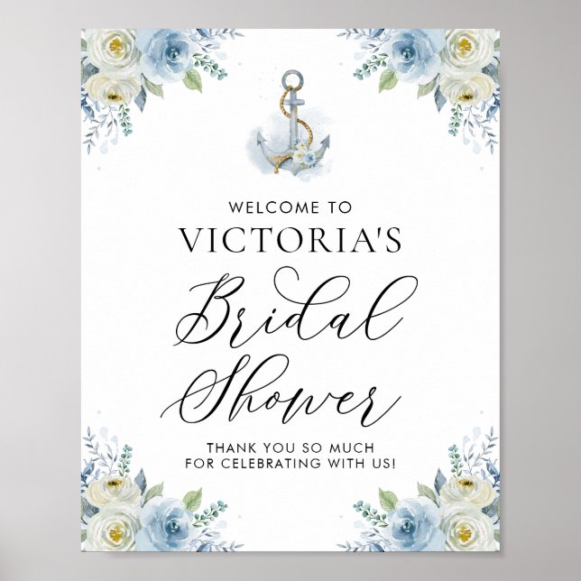 Affiche Bienvenue au mariage floral bleu nautique (Devant)