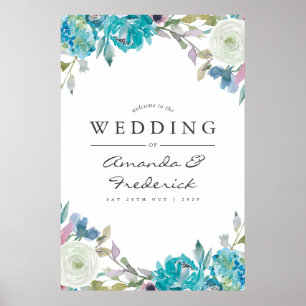 Affiche Bienvenue au mariage floral bleu poussiéreux et tu