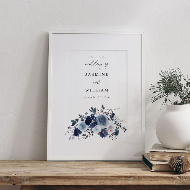 Affiche Bienvenue au Mariage Floral Blue & Navy (Créateur téléchargé)