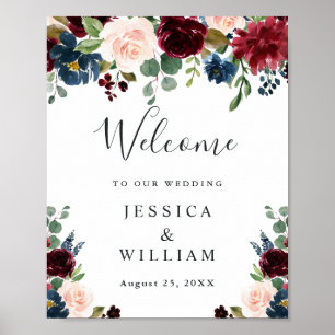 Affiche Bienvenue au mariage floral Burgundy Navy Blush