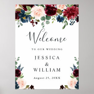 Affiche Bienvenue au mariage floral Burgundy Navy Blush