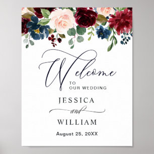 Affiche Bienvenue au mariage floral Burgundy Navy Blush
