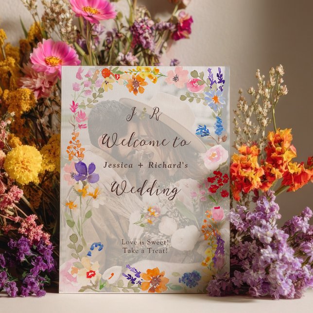 Affiche Bienvenue au mariage floral d'été dans un jardin b (Boho garden summer floral photo wedding welcome poster)