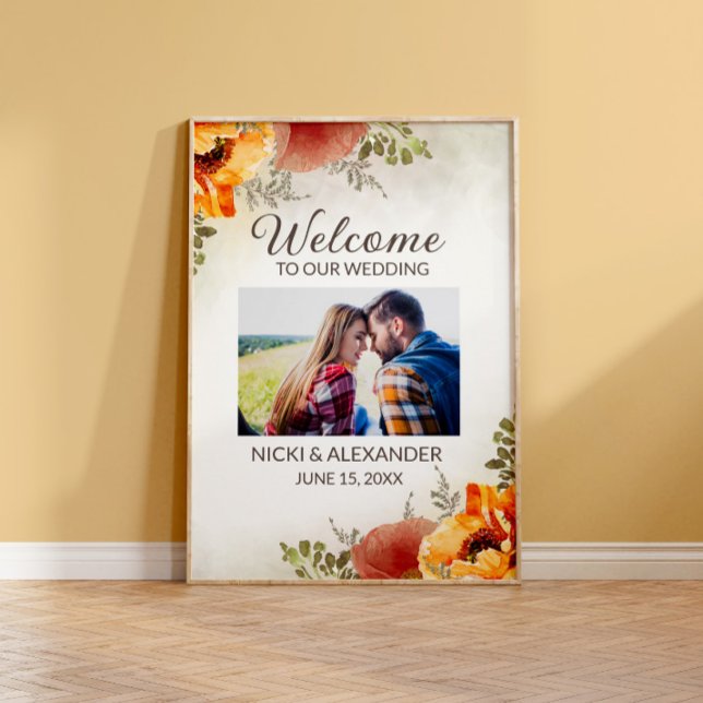 Affiche Bienvenue au mariage floral orange brûlé Photo  (Créateur téléchargé)