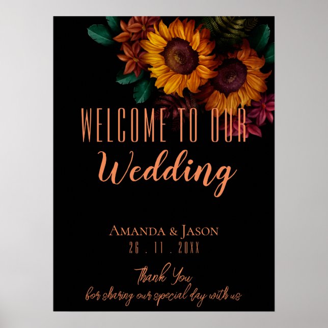 Affiche Bienvenue au mariage floral orange brûlé rustique (Devant)