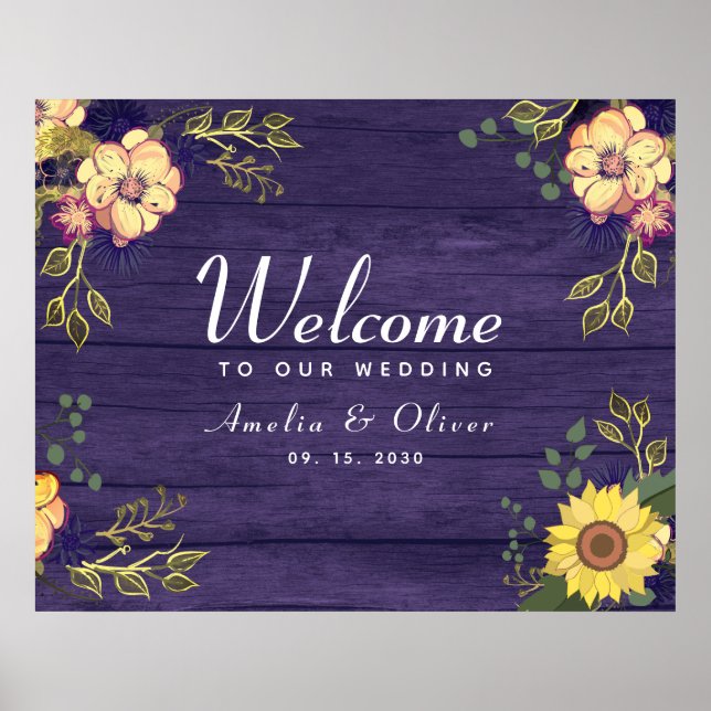 Affiche Bienvenue au mariage floral pourpre (Devant)