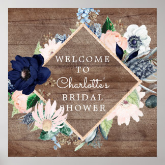 Affiche Bienvenue au mariage floral rose et bleu marine