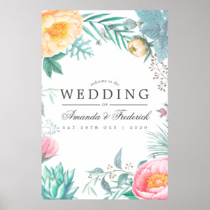 Affiche Bienvenue au mariage floral tropical mint estival