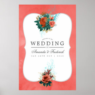 Affiche Bienvenue au mariage floral turquoise et corail
