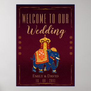 Affiche Bienvenue au mariage indien traditionnel Rouge Or