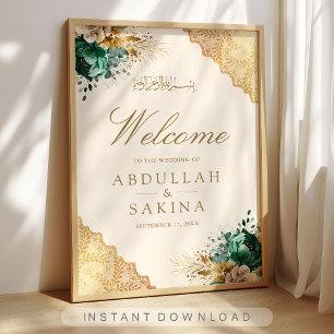 Affiche Bienvenue au mariage musulman Floral Or Émeraude